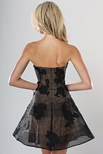back view of black and nude floral applique strapless fit and flare short homecoming dress over nude lining with sheer skirt, Jovani style 53779