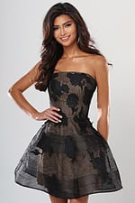 Jovani style 53779 black and nude floral applique strapless fit and flare short homecoming dress over nude lining with sheer skirt, front view