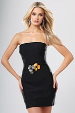 Jovani style 53781 black bandage strapless fitted short homecoming dress with straight neckline and floral belt, front view