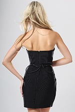 back view of black bandage strapless fitted short homecoming dress with straight neckline and floral belt, Jovani style 53781