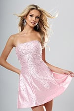 Jovani style 53795 light pink pearl beaded strapless A-line short homecoming dress with straight neckline, front view