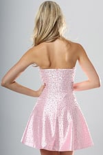 back view of light pink pearl beaded strapless A-line short homecoming dress with straight neckline, Jovani style 53795
