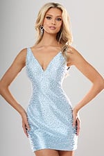 Jovani style 53796 ice blue pearl beaded fitted short homecoming dress with V neckline and wide straps, front view