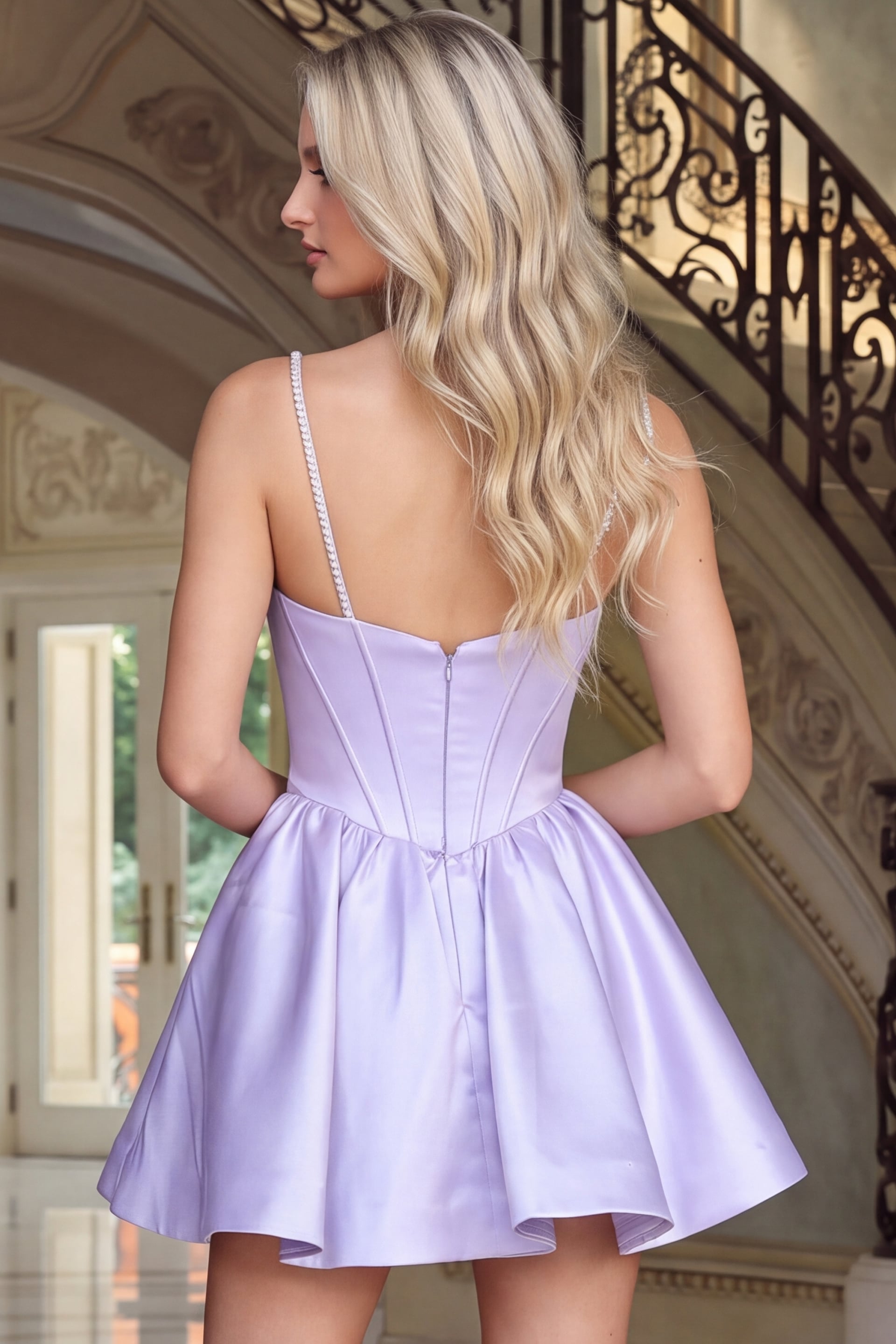 Lilac satin fit and flare mini dress with beaded sweetheart corset bodice, front view