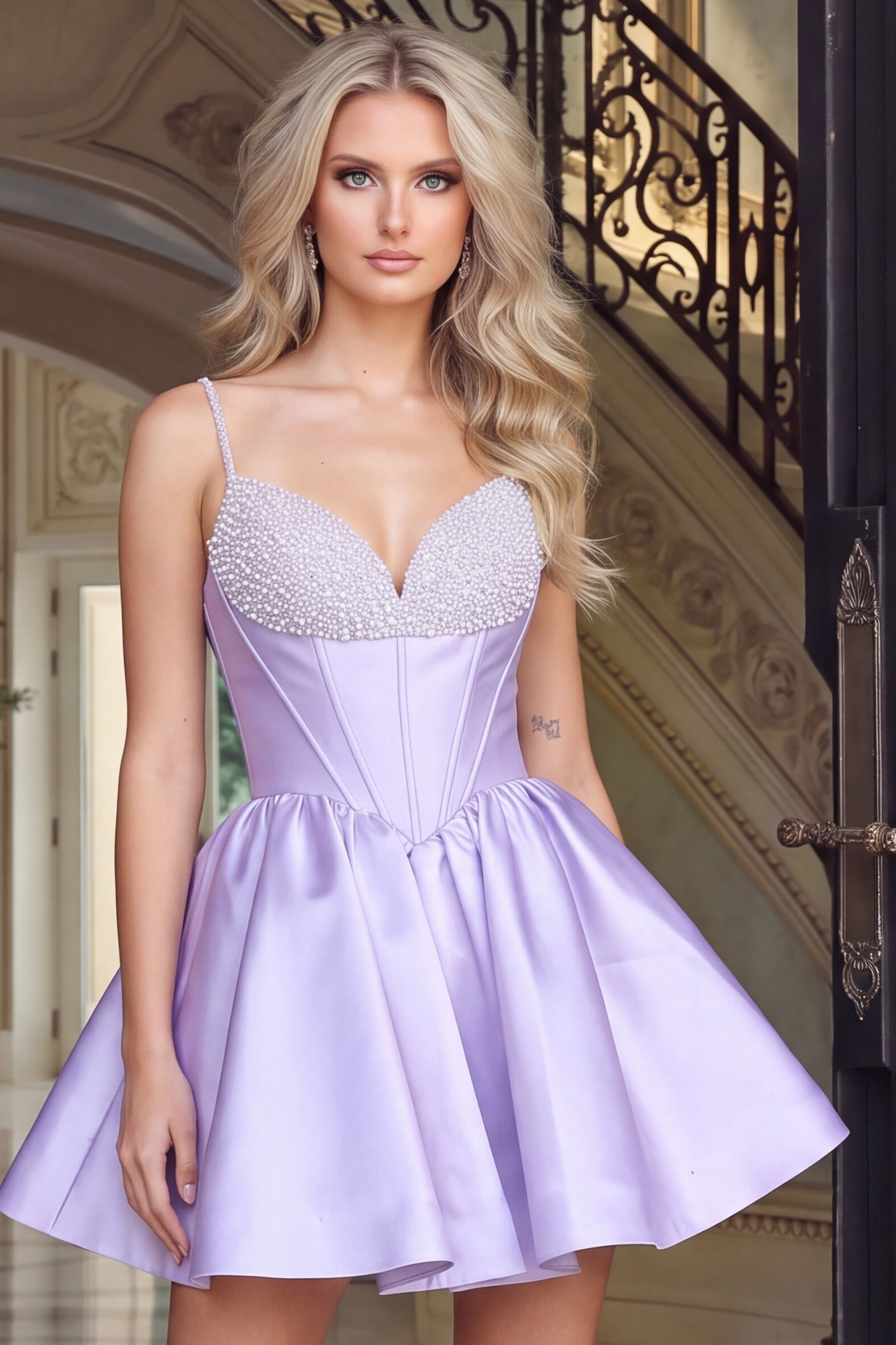 Beaded Corset Bodice Satin Fit and Flare Mini Dress 53857 - Image 3