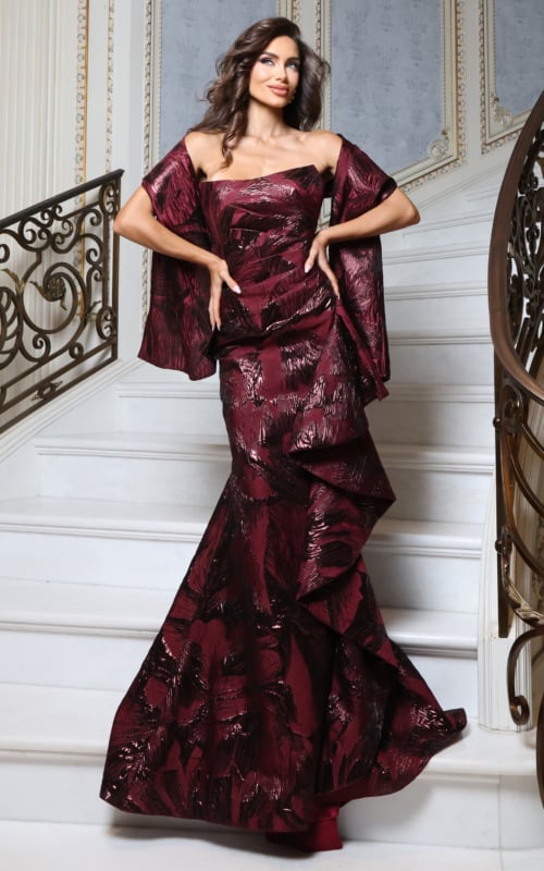 Burgundy metallic textured mermaid gown with off-the-shoulder draped sleeve, front view