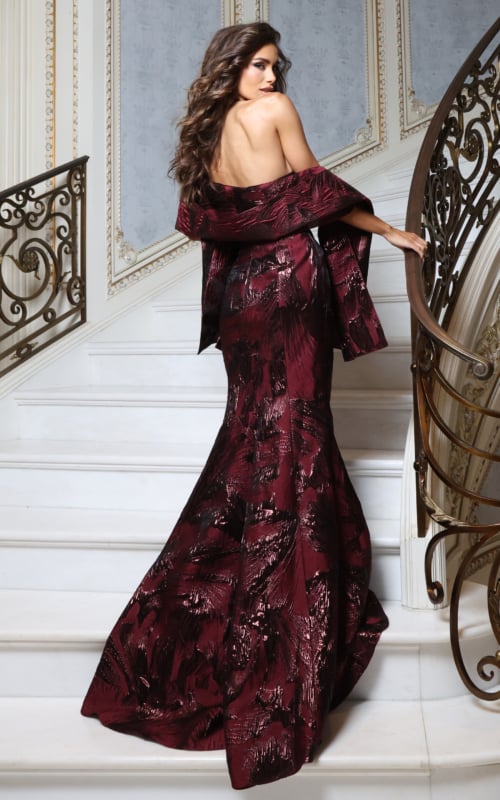 Burgundy metallic textured off-the-shoulder mermaid gown, back view