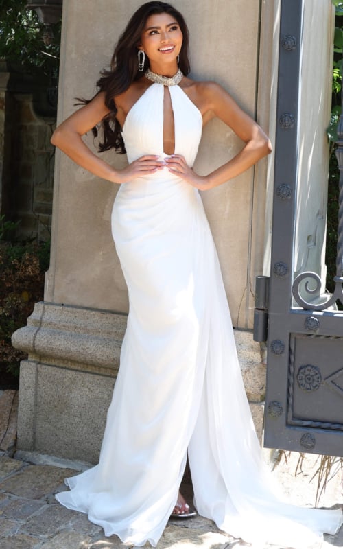 white chiffon halter gown with beaded collar and keyhole cutout