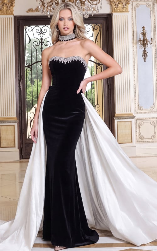 black velvet strapless trumpet gown with beaded neckline and detachable overskirt