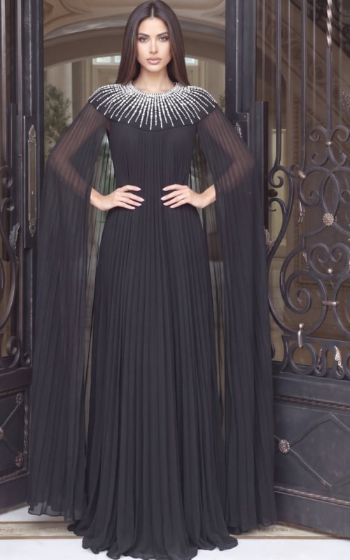 black Jovani 53893 front, beaded collar