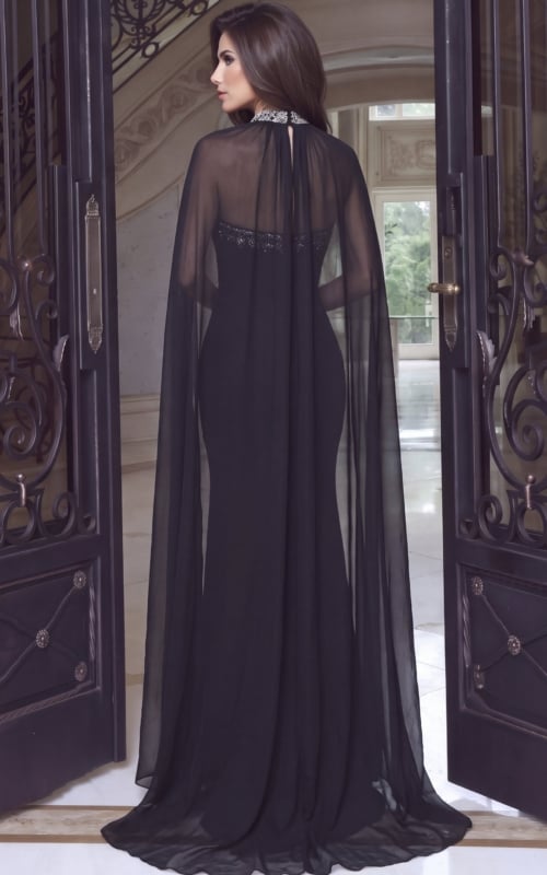 black Jovani 53894 side, sheer cape