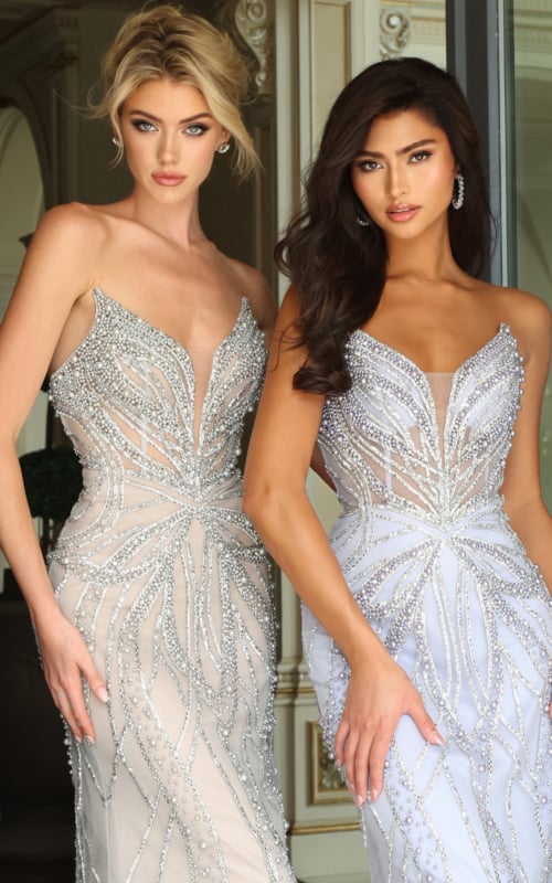 nude and light blue beaded gowns with plunging illusion V necklines and pearl trailing detail 53904