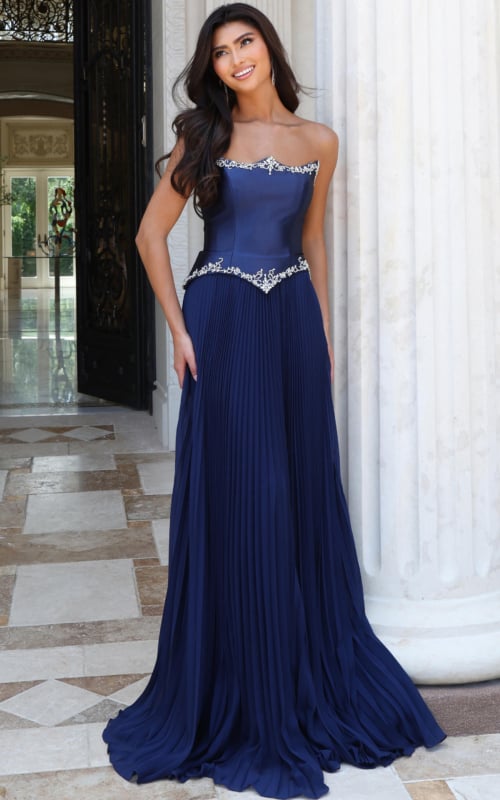 navy satin strapless gown with beaded trim and pleated skirt
