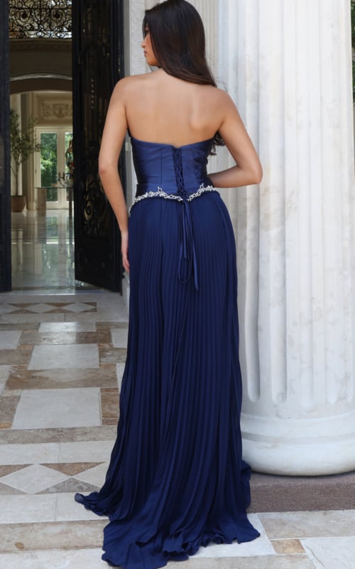 back view of navy satin gown with lace up corset back