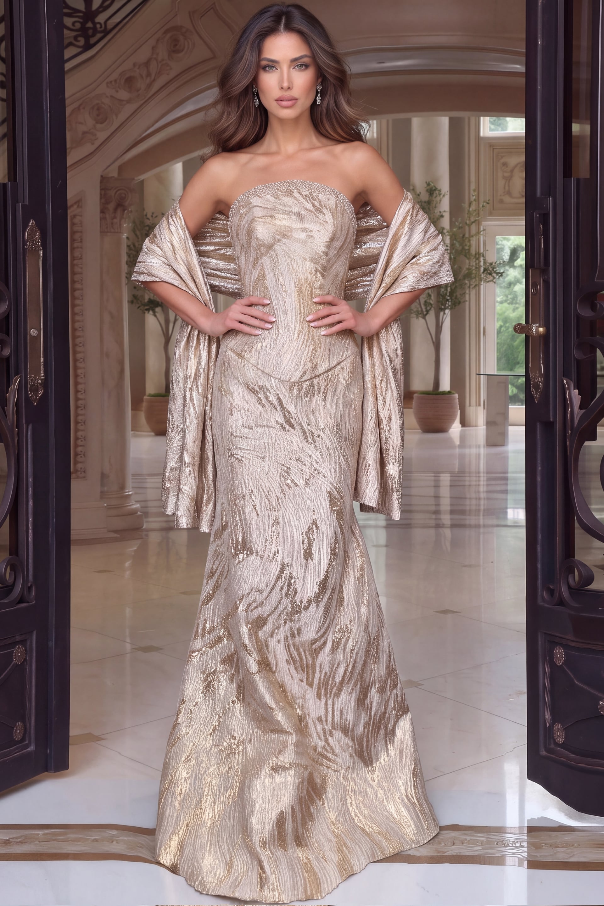 Gold jacquard mermaid gown, strapless beaded neckline, worn with a matching draped shawl