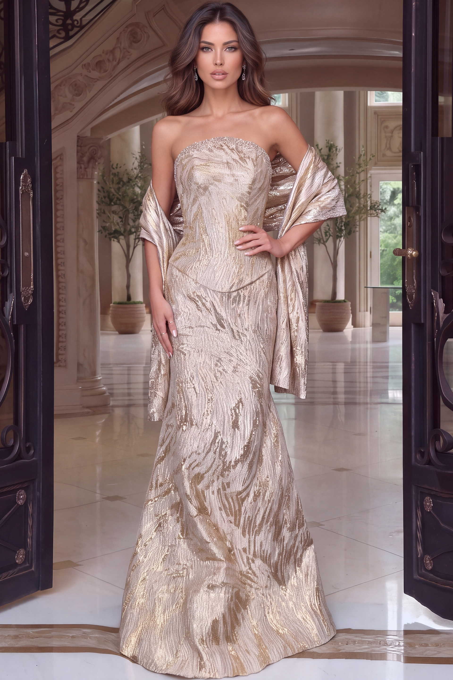 Floor-length metallic patterned gown with strapless bodice and shimmering shawl draped at elbows