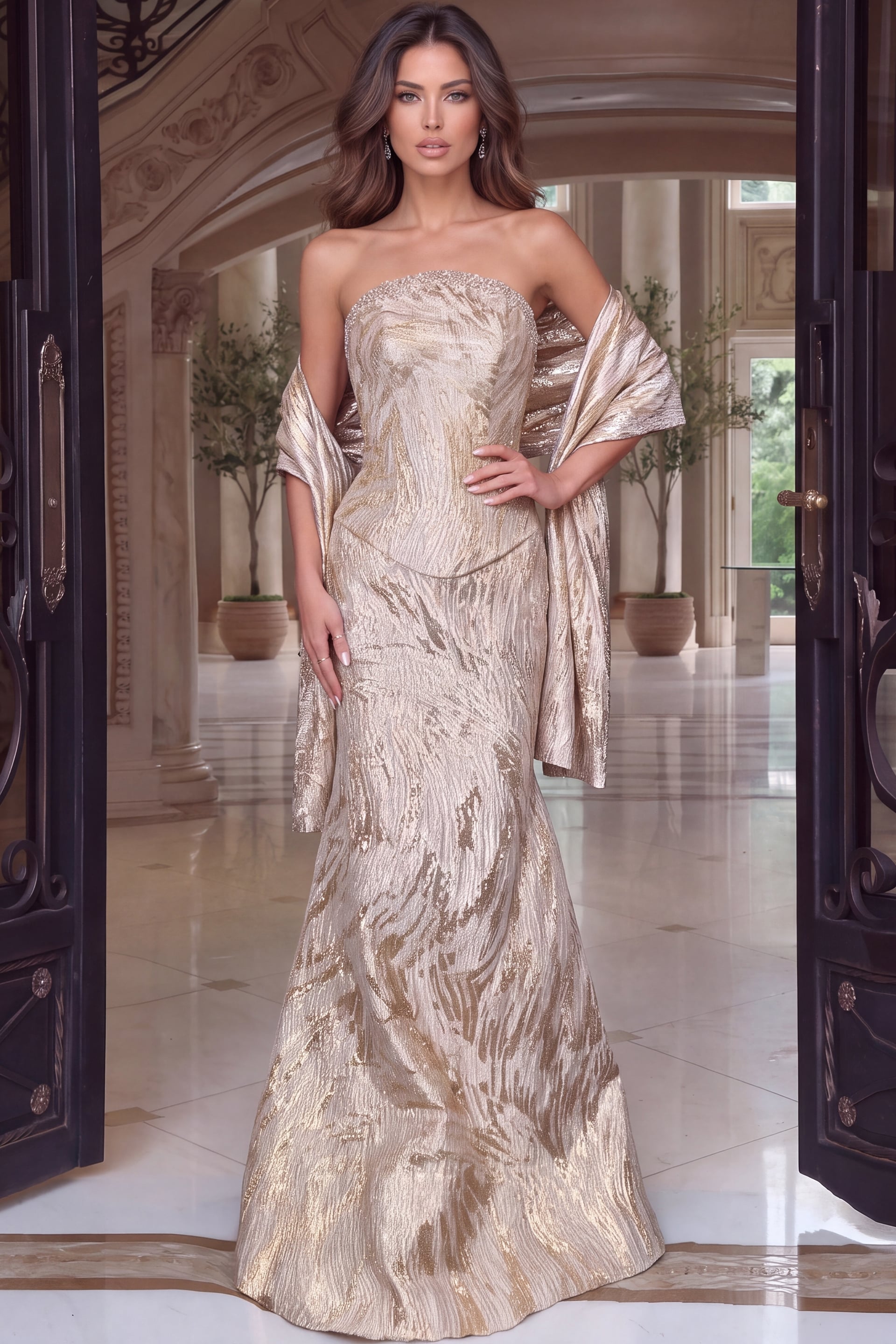 Swirling gold and ivory jacquard gown, strapless beaded neckline, fitted skirt, matching stole