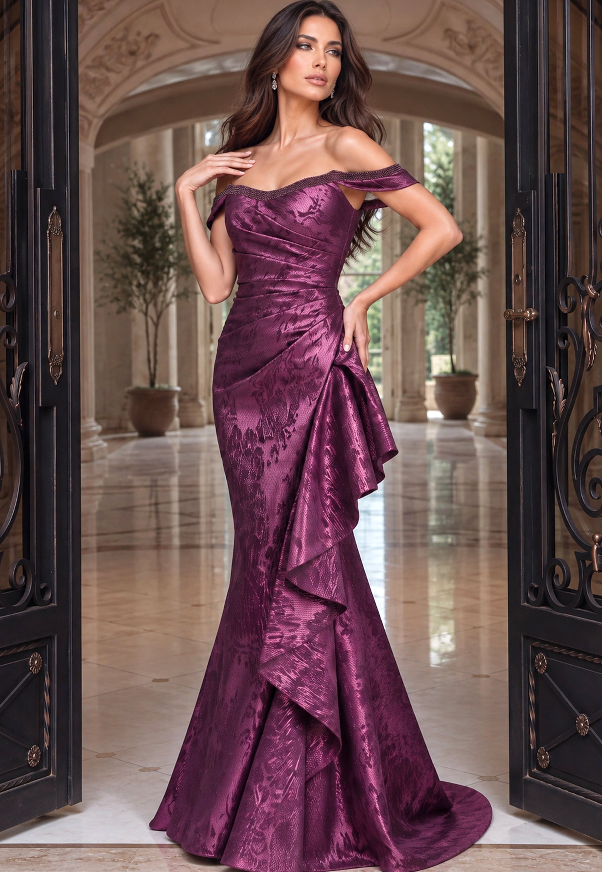 Berry-toned metallic jacquard gown with beaded off-shoulder straps and a tiered ruffle