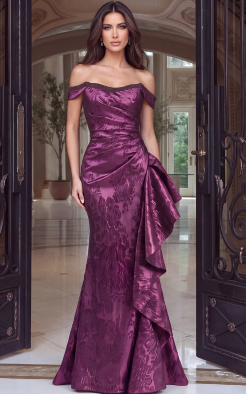 Wine-purple jacquard gown with off-shoulder beaded trim, wrapped waist and flared hem