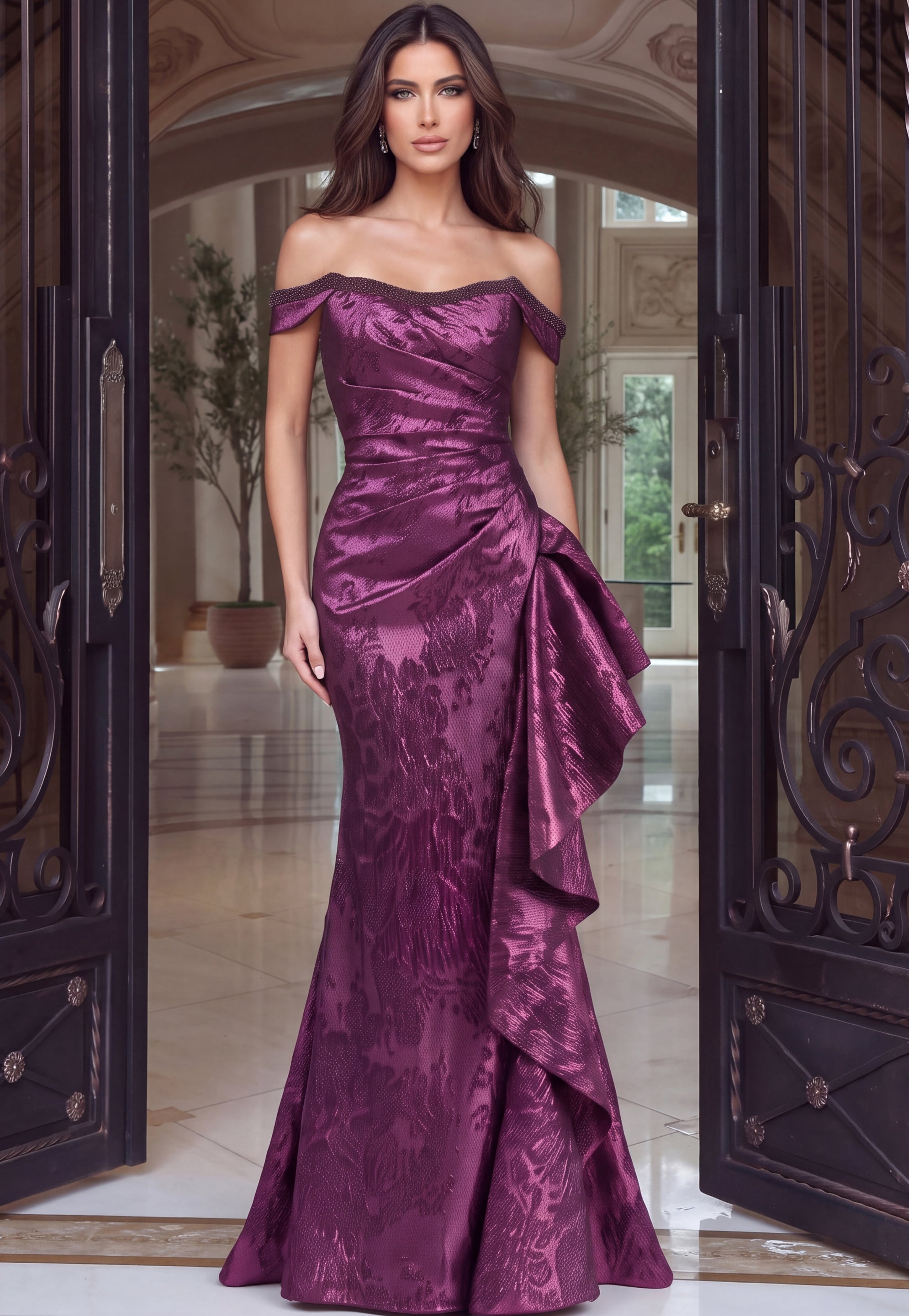 Wine-purple jacquard gown with off-shoulder beaded trim, wrapped waist and flared hem