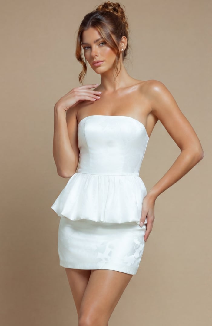White evening dress featuring a reinforced bodice for a tailored fit and a sculptural, ruffled peplum hemline.