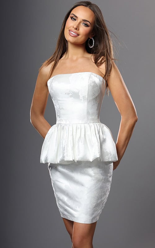 floral jacquard strapless peplum mini dress