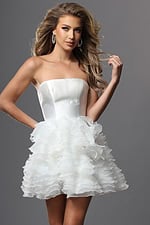 strapless ruffle mini dress