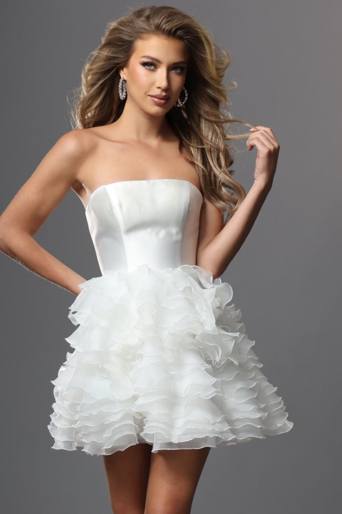 strapless ruffle mini dress