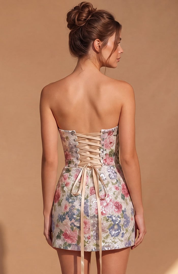 Sleeveless party dress with a structured bodice and a detailed corset-style back with metal grommets and crisscross ties.