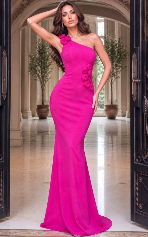 Bright magenta gown with a single rosette-covered strap and skirt sweeping into a short train