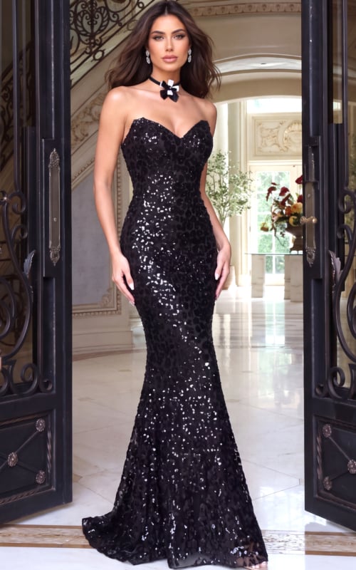 Sweetheart strapless mermaid gown covered in glossy black sequin leopard spots with fishtail train