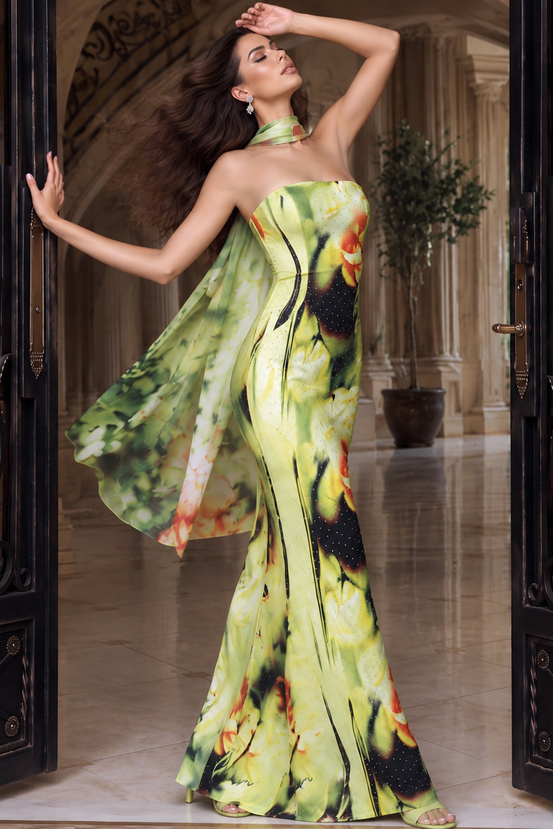 Editorial shot of a lime floral column gown, sheer chiffon panels sweeping through the air