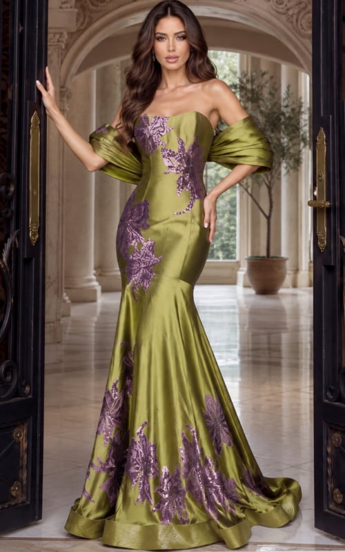Olive green satin mermaid gown with purple sequin floral appliques and draped off-shoulder sleeves