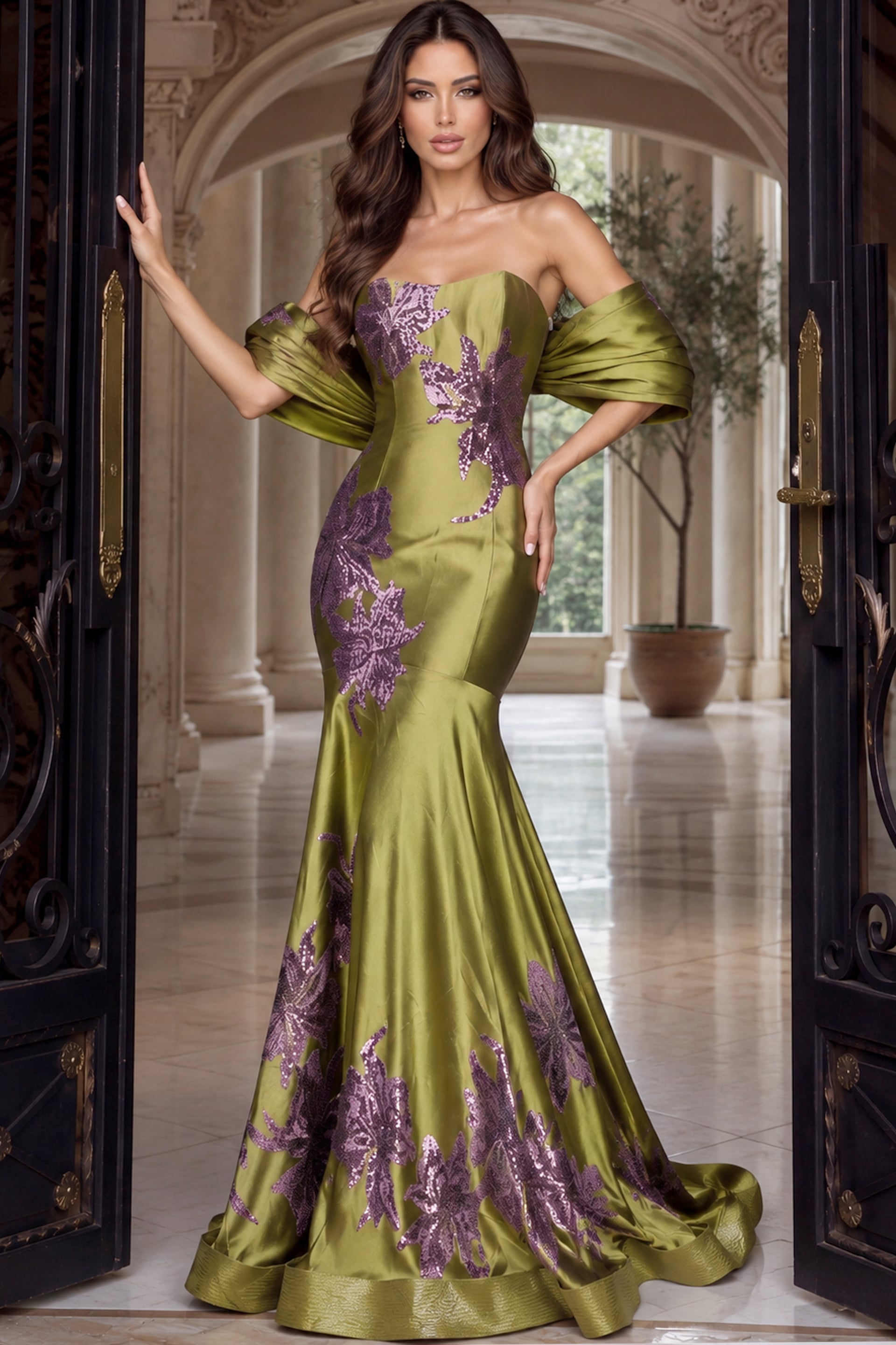 Olive green satin mermaid gown with purple sequin floral appliques and draped off-shoulder sleeves
