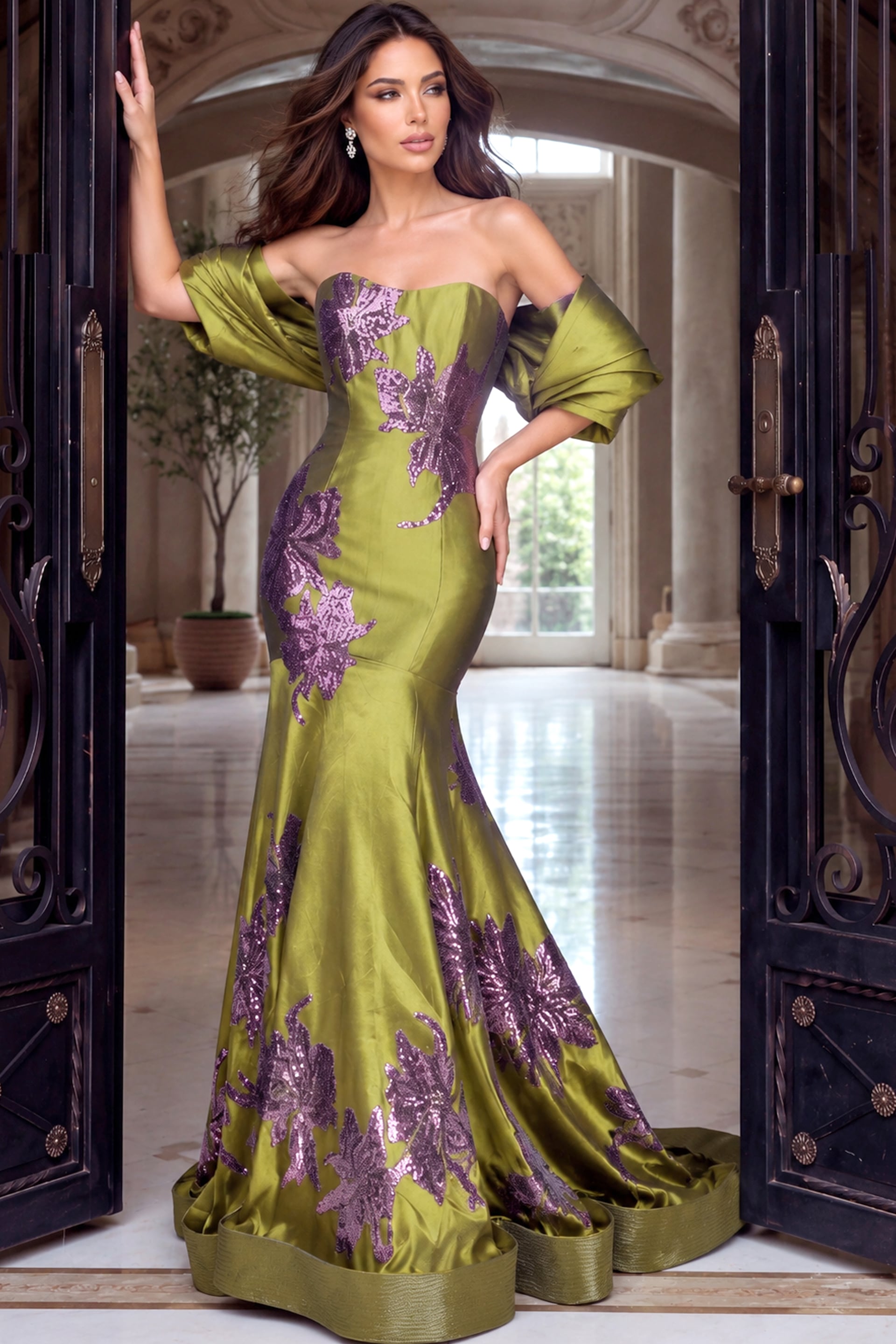 Green satin fishtail gown accented with lilac sequin flowers and matching drape sleeves, angled pose