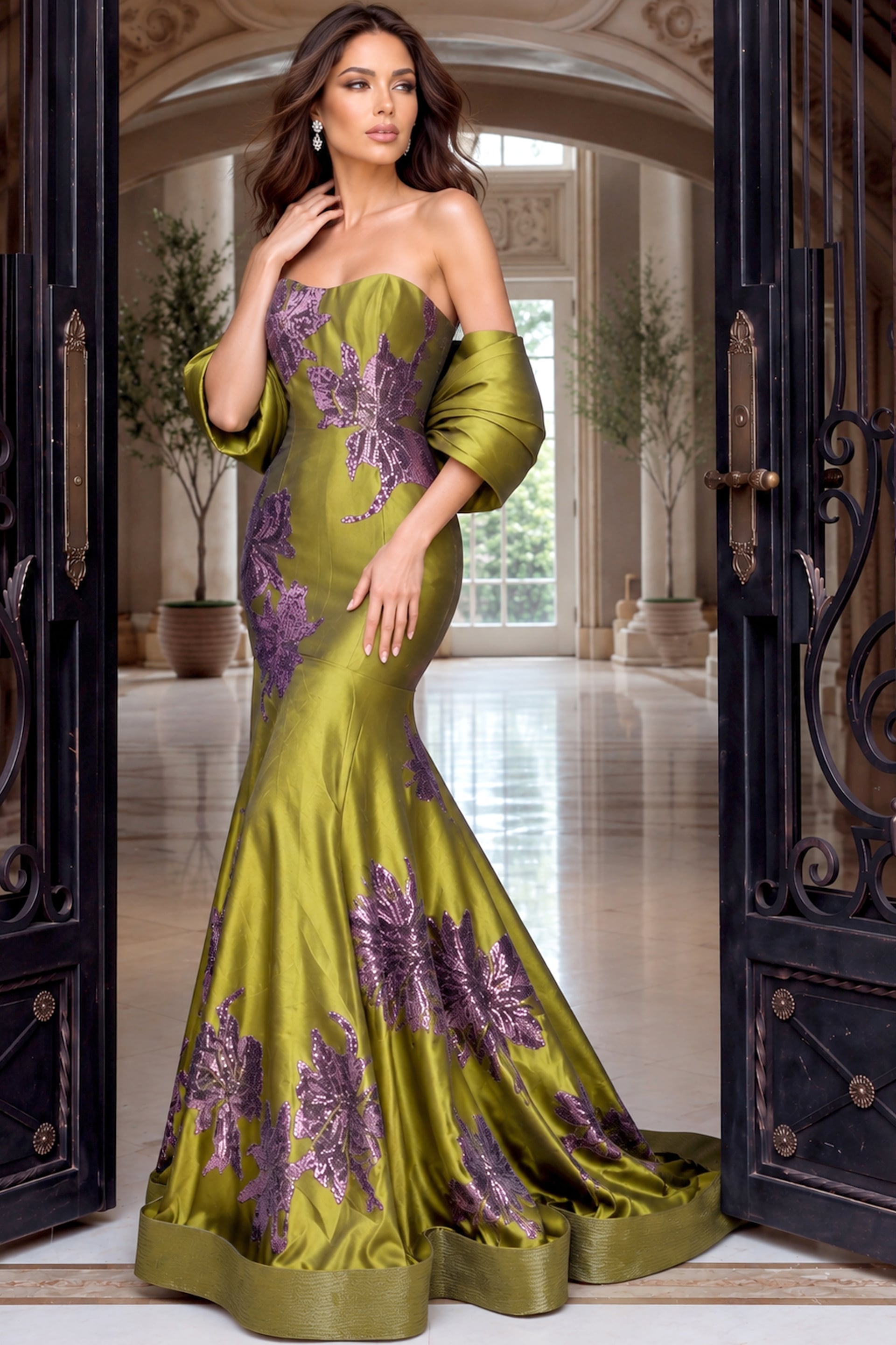 Strapless olive mermaid gown with purple sequinned florals scattered across a sweeping banded train