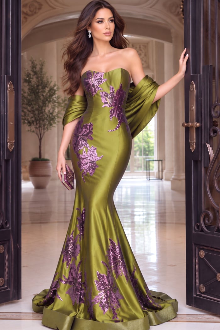 Model in an olive satin trumpet gown holding a clutch, purple sequin florals along bodice and hem