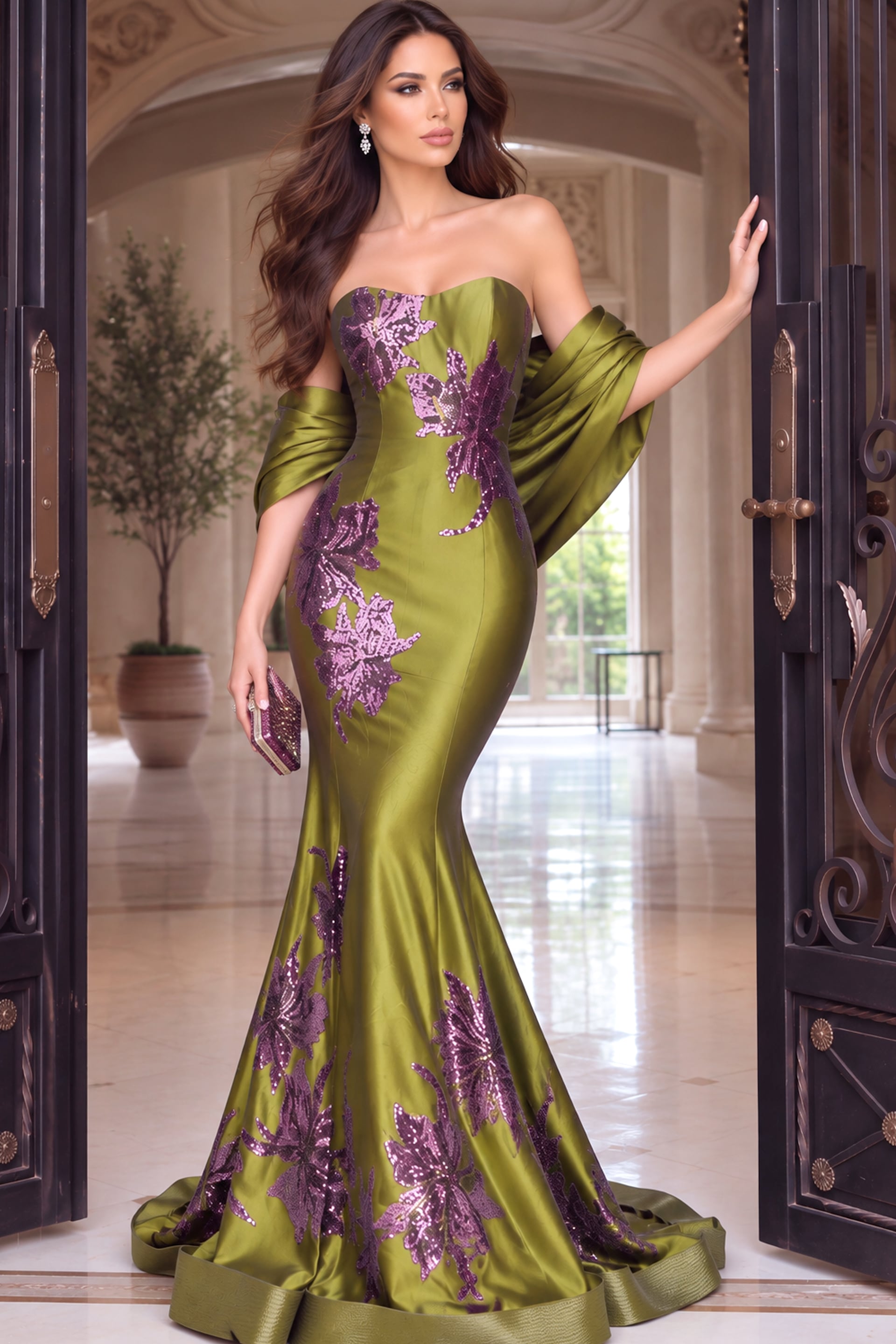 Model in an olive satin trumpet gown holding a clutch, purple sequin florals along bodice and hem