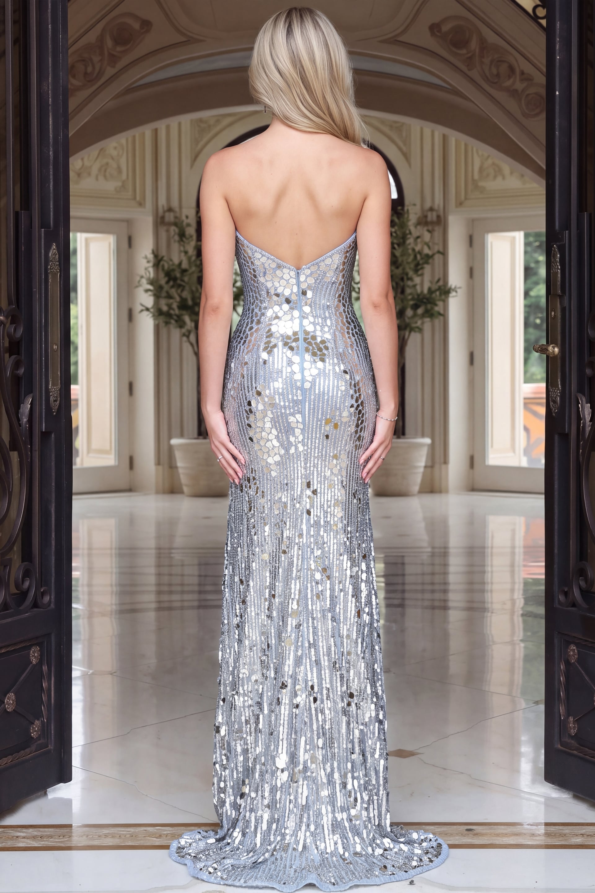 Back view of light blue silver sequin mermaid gown showing the open back and sweep train