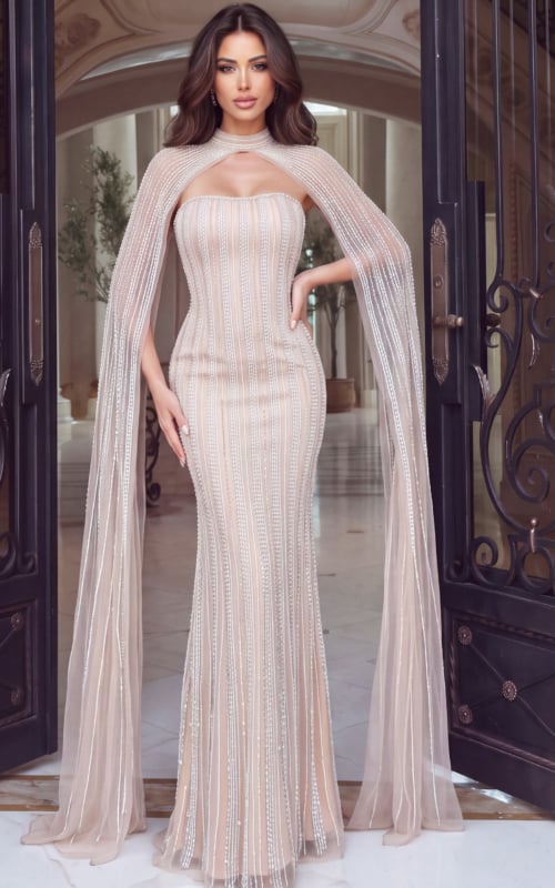 beaded sheath dress with cape