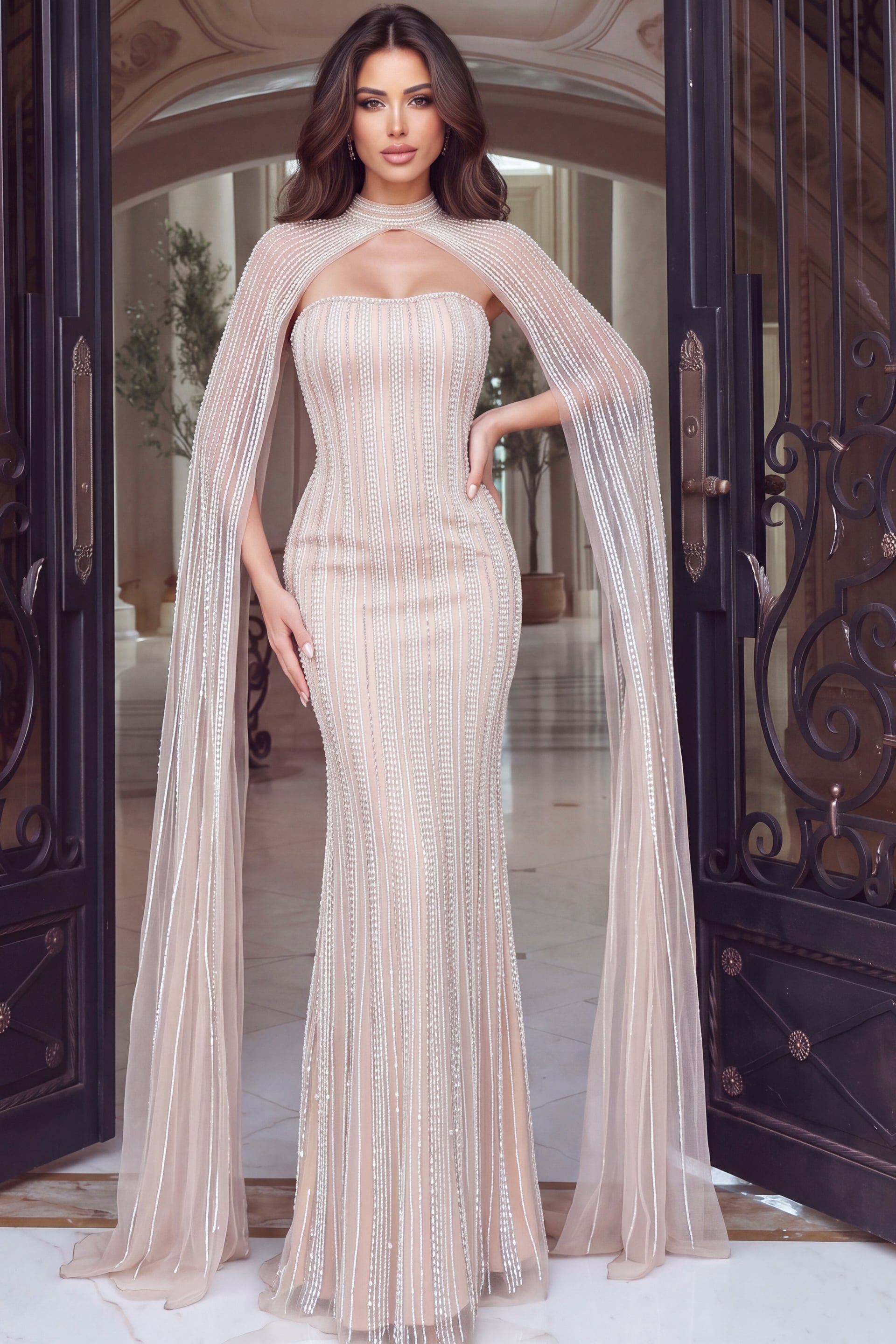 beaded sheath dress with cape