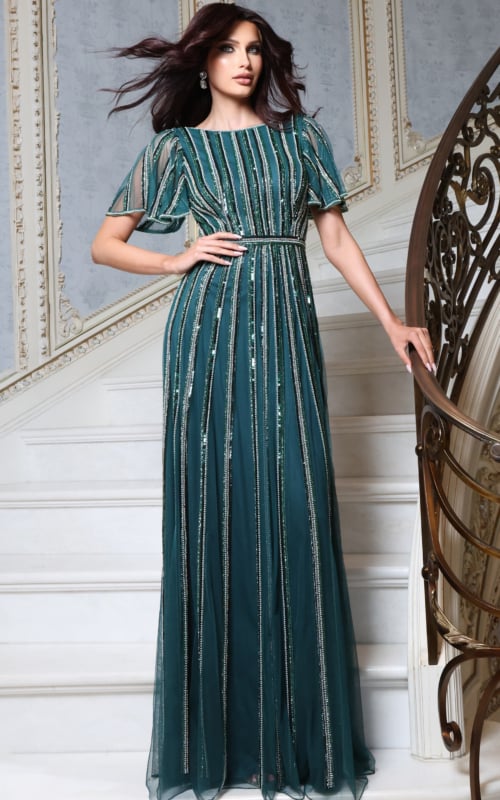 Emerald green beaded gown with round neckline and flutter sleeves, front view