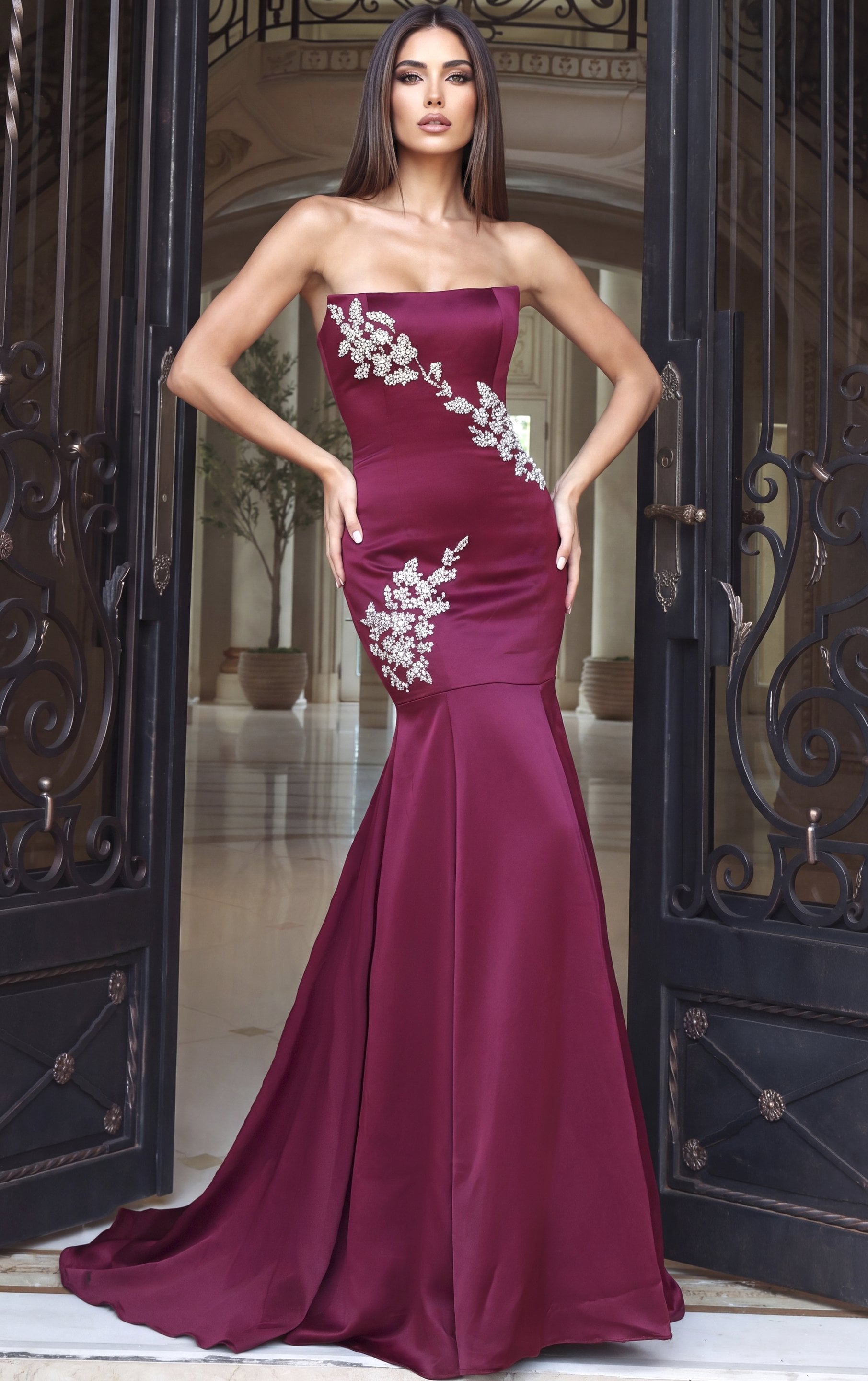 burgundy Jovani 54133 front, beaded bodice