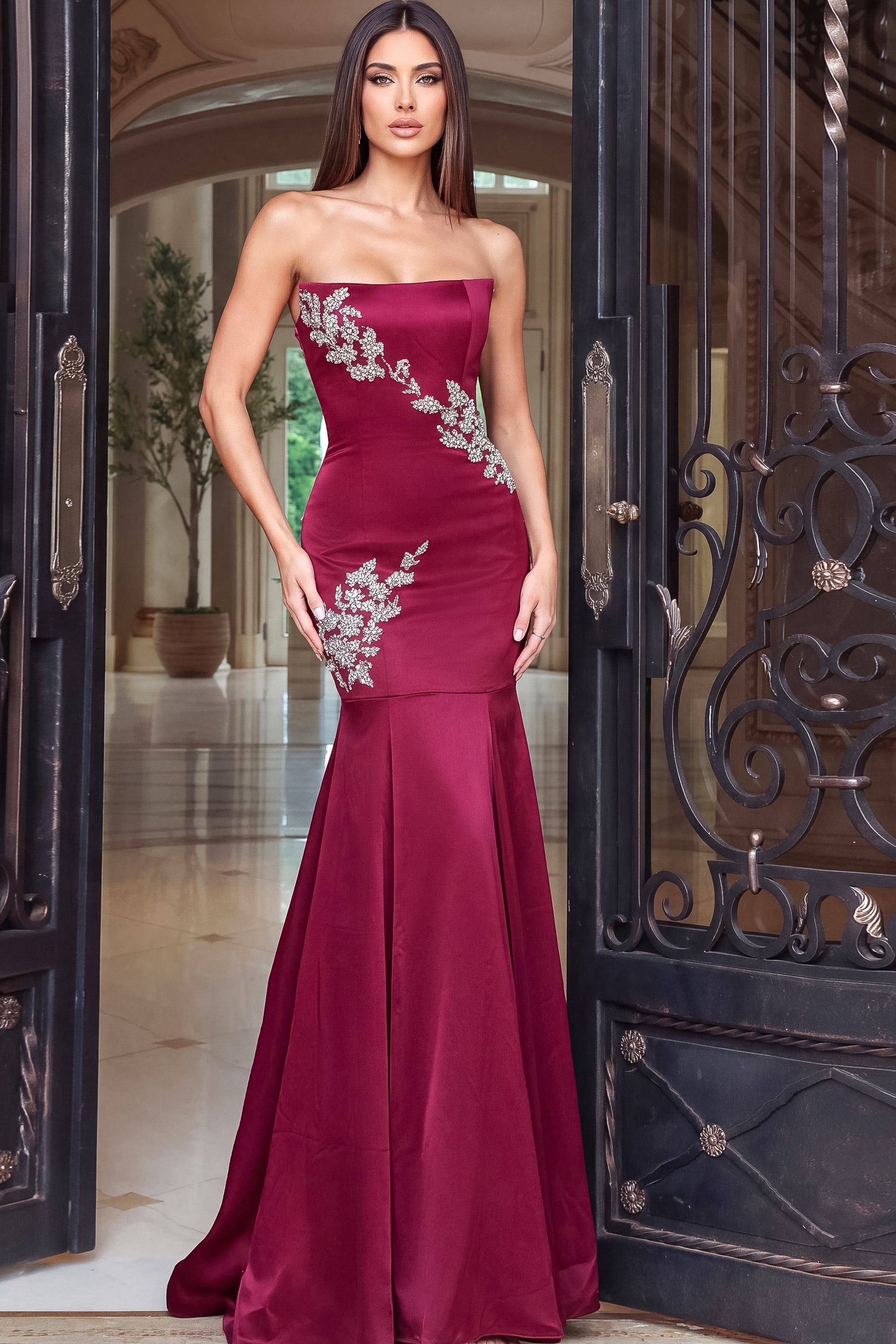 burgundy Jovani 54133 front, silver embroidery