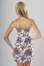 Jovani 54156 back view of white, purple and green floral beaded strapless short homecoming dress with sweetheart neckline