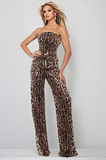 Jovani 54171 leopard print sequin strapless wide leg jumpsuit with straight neckline, front view