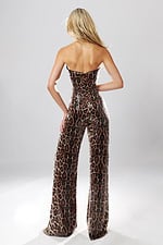 Jovani 54171 back view of leopard print sequin strapless wide leg jumpsuit with straight neckline