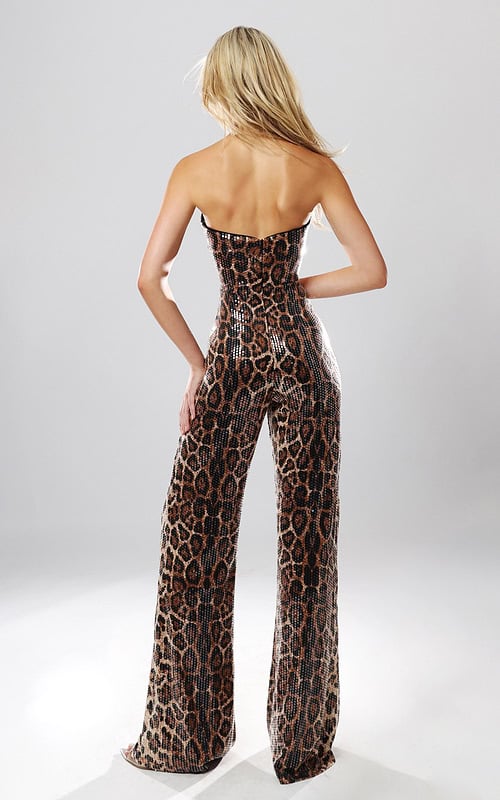 Jovani 54171 back view of leopard print sequin strapless wide leg jumpsuit with straight neckline