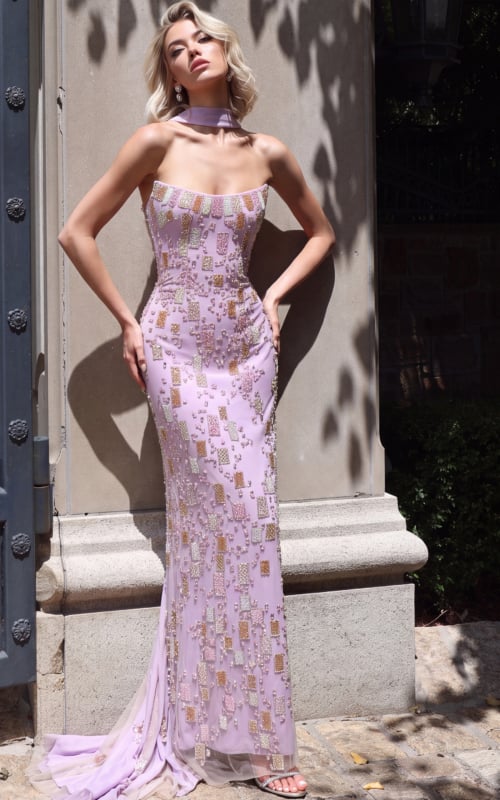 Lilac beaded strapless column gown with flowing cape detail