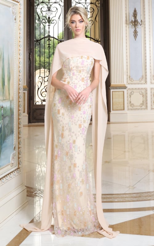 Beaded Column Gown with Cape